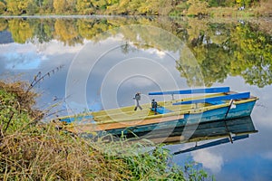 Beautiful views of the river Berounka a Wooden boats in the autumn season