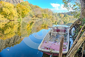 Beautiful views of the river Berounka a Wooden boats in the autumn season