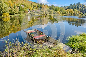 Beautiful views of the river Berounka a Wooden boats in the autumn season