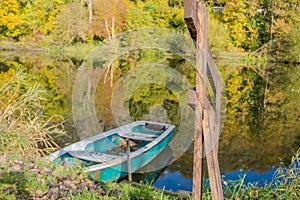 Beautiful views of the river Berounka a Wooden boats in the autumn season