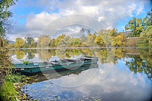 Beautiful views of the river Berounka a Wooden boats in the autumn season