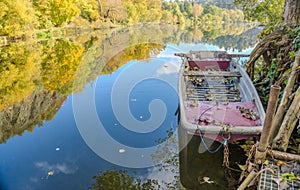 Beautiful views of the river Berounka a Wooden boats in the autumn season