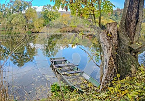 Beautiful views of the river Berounka a Wooden boats in the autumn season