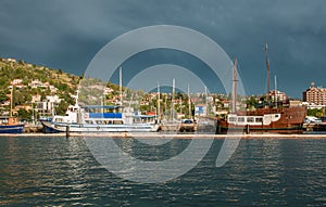 Beautiful views of the waterfront with ships in Portoroz Slovenia.