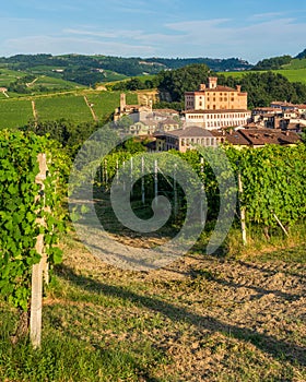 The beautiful village of Barolo and its vineyards in the Langhe region of Piedmont, Italy.