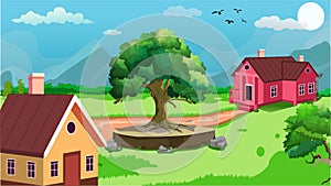 Beautiful village cartoon background of green meadows and surrounded by trees.