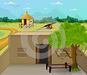 Beautiful village cartoon background of green meadows and surrounded by trees and mountains.