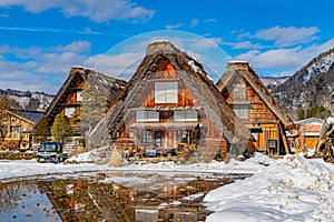 Beautiful village with Gassho-style houses during winter in Japan