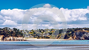 Beautiful village of Morgat with the sand beach and rocky coastline, Finistere, Brittany (Bretagne), France.