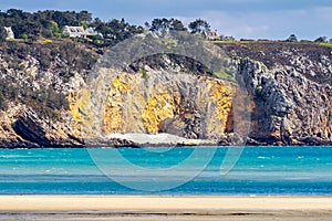 Beautiful village of Morgat with the sand beach and rocky coastline, Finistere, Brittany (Bretagne), France.