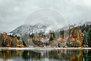 Beautiful village and resort by Lake Jasna near Kranjska gora on a moody autumn day