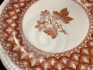 Beautiful Vintage Brick Red and White China Plate with Floral and Repeating Pattern