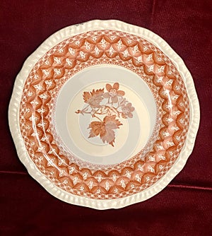 Beautiful Vintage Brick Red and White China Plate with Floral and Repeating Pattern