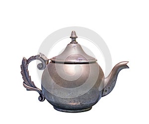 Beautiful vintage copper teapot kettle with tarnished metal, isolated in white background. Old teapot with abrasions.