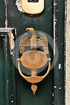 Vintage door knocker eagle shaped on wooden door