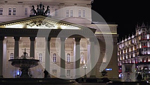 Beautiful vintage facade of Bolshoi Theater, Moscow. built in 1776. Nighttime 4K