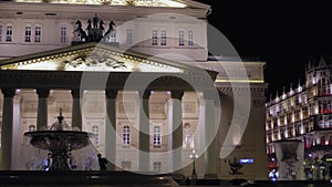 Beautiful vintage facade of Bolshoi Theater, Moscow. built in 1776. Nighttime 4K
