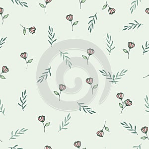 Beautiful vintage floral background. seamless pattern with flower and leaf illustration on green background. small shape, hand dra