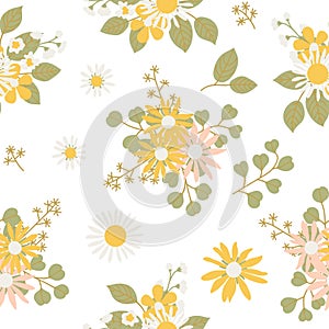 Beautiful vintage floral seamless pattern with chamomiles on white background.