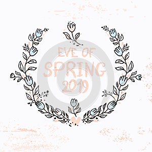 Beautiful vintage frame of branches in leaves and spring flowers. Eve of Spring 2019.