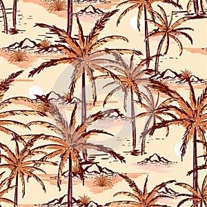 Beautiful vintage Hand drawn and line sketch summer island ,beach and palm trees seamless pattern vector design for