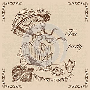 Beautiful vintage lady. Tea party. Girl in a hat drinking tea. Engraving. Graphics. Brown. Vector