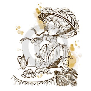 Beautiful vintage lady. Tea party. Girl in a hat drinking tea. Engraving. Graphics. Brown. Vector