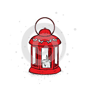 Beautiful vintage lantern with a candle and birds. Lovely bullfinches. Vector illustration. Festive postcard.