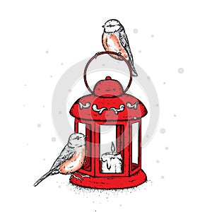 Beautiful vintage lantern with a candle and birds. Lovely bullfinches. Vector illustration. Festive postcard.