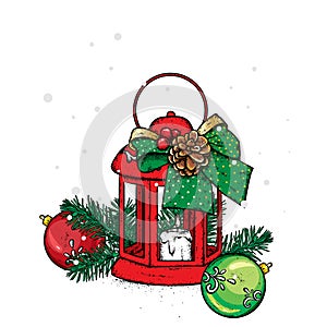 Beautiful vintage lantern with a candle. Vector illustration. Festive postcard. New Year`s and Christmas. A bow and a bump.