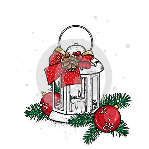 Beautiful vintage lantern with a candle. Vector illustration. Festive postcard. New Year`s and Christmas. A bow and a bump.