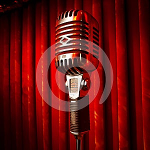 Vintage silver Microphone in front of red Curtain