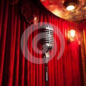Vintage silver Microphone in front of red Curtain