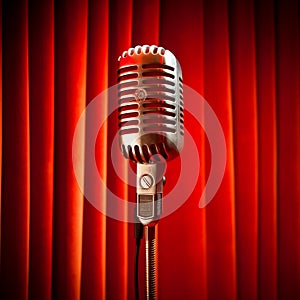 Vintage silver Microphone in front of red Curtain