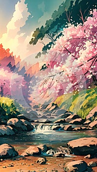 A beautiful vintage styled watercolour painting of a Japanese Landscape