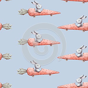 Beautiful vintage texture. Cute rabbit. Hand drawn watercolor seamless pattern bunny in carrot car. Hares cartoon animals on blue