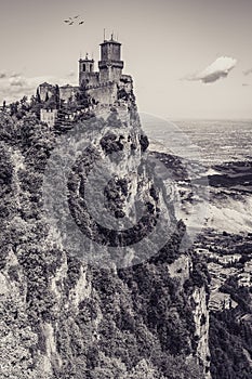 Beautiful vintage vertical view of the Rocca Guaita or First Tower of the Republic of San Marino