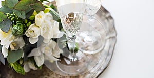 Beautiful vintage wedding decoration with champagne and white fl