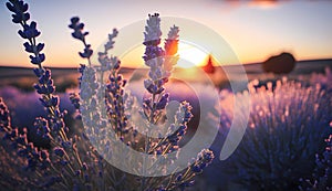 Beautiful violet lavender field landscape illustration with sunrise in background