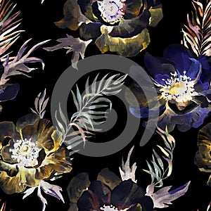 Beautiful vivid anemone flowers on black background. Seamless floral pattern. Watercolor painting. Hand drawn and painted