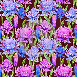 Beautiful vivid ginger flower with green leaves in seamless floral pattern. Watercolor painting background