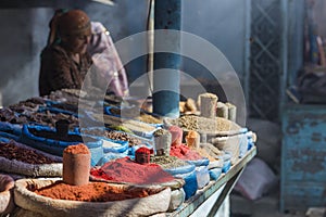 Beautiful vivid oriental market with bags full of various spices