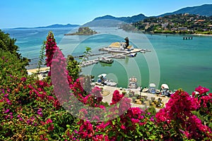 Beautiful Vlacherna Monastery and Mouse island.Pontikonisi Corfu - Kerkyra. Greece. Beautiful colorful island for summer holiday