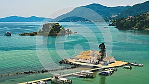 Beautiful Vlacherna Monastery and Mouse island.Pontikonisi Corfu - Kerkyra. Greece. Beautiful colorful island for summer holiday