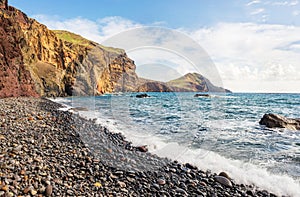 Beautiful volcanic black pebble beach, Ponta de Sao Lourenco, Madeira Island