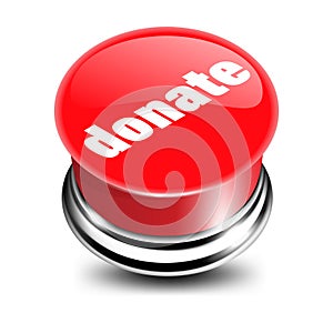 Beautiful volumetric donation button, 3d red glossy metal icon, vector.