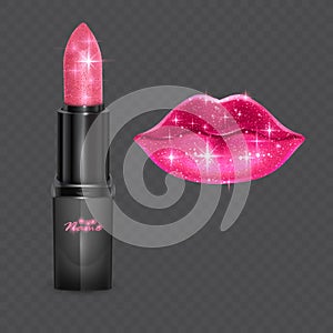 Beautiful voluminous lips on a transparent background, pink lips with a shiny glitter texture, Vector EPS 10 illustration