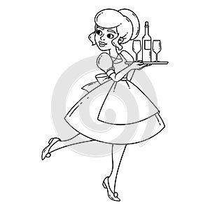 Beautiful waitress with tray. Coloring page.