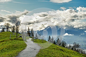 Beautiful walking trail on top of Seebodenalp over the Kussnacht in Switzerland