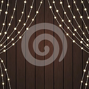 Beautiful Warm White String Light Curtain on Dark Brown Wood Texture